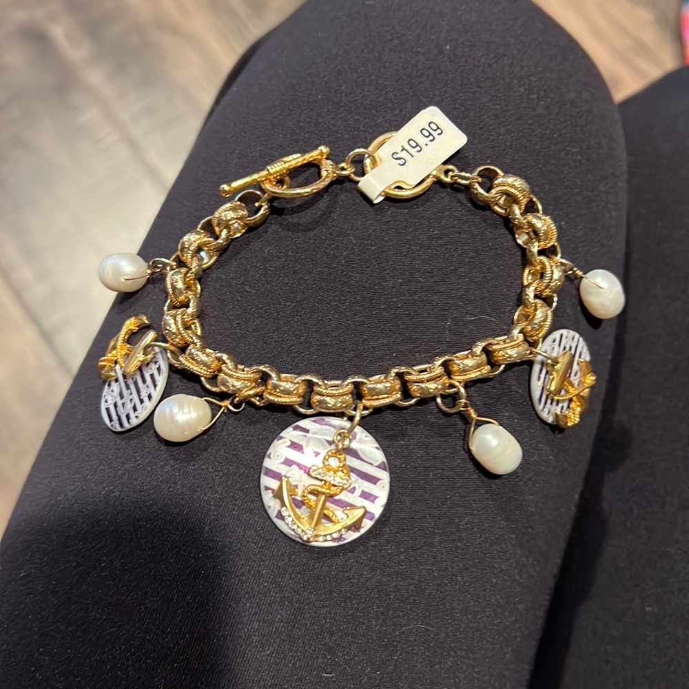 Navy Stripe Gold Chain Anchor bracelet